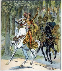 Tjuvar på hästryggen: illustration till sagan "Aladin eller den underbara lampan" i "Tusen och en natt