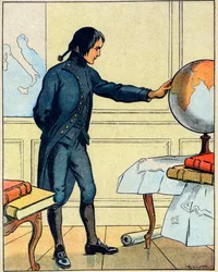 Napoleon Bonaparte (1769-1821), konsulterar en jordglob vid skolan i Brienne vid 19 års ålder, hämtad ur "Nos-Gloires Nationales" ca 1920 (gravyr)