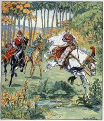 Parizade går om sina bröder Bahman och Pervis i hästkapplöpningen. Illustration av Raymond de La Neziere (1865- 1953) till berättelsen "Histoire des deux sœurs jealous de leur cadette" i "Les mille et une nuits" (les 1001 nuits eller Le mille e una notte, 