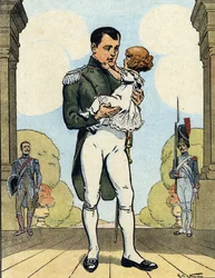 Porträtt av kejsar Napoleon I (1769-1821) med sin son Aiglon (1811-1832) (kung av Rom Napoleon II, hertig av Reichstadt) (franske kejsaren Napoleon I med sin son Napoleon II) Illustration av Raymond de Neziere i "Our-Glories-Nationales" 1920 DR Pri