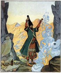 Dervishmunken tänder eld och strör ut den: illustration till sagan "Aladin eller den underbara lampan" i "Tusen och en natt
