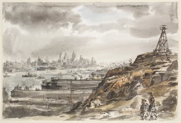 New York från Weehawken (akvarell över grafit på papper)