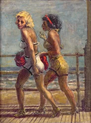 Två flickor på strandpromenad (tempera på duk)