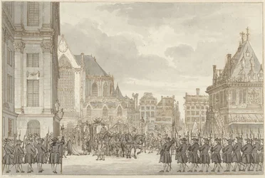 Ankomst av prins William V och Frederica Sophia Wilhelmina av Preussen till stadshuset på Damtorget i Amsterdam, 30 maj 1768