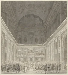 Bal i medborgarsalen i stadshuset i Amsterdam för att hedra besöket av prins William V och Wilhelmina av Preussen, juni 1768