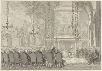 Mottagning av prins William V och Wilhelmina av Preussen i rådssalen i Amsterdams stadshus