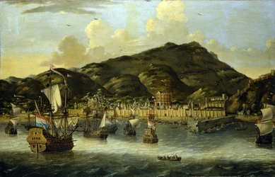 Holländska fartyg utanför Tripolis (Libyen) kust, med hamnens och stadens befästa murar. Oljemålning av Reinier Nooms (1623-1667).