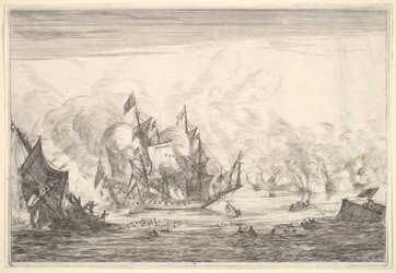 Sjöstrid med en engelsk skeppsgrundare till vänster, från Naval Battles Nieuwe Sc..., 1652-54.