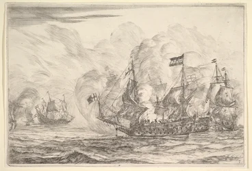 Sjömöte med tre fartyg till höger, från Naval Battles Nieuwe Scheeps Bat..., 1652-54.