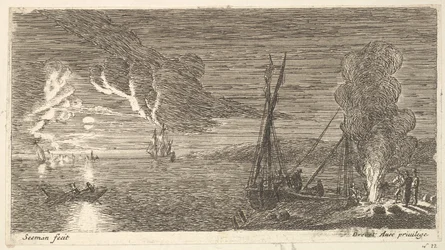Nattscen med fiskare som står vid en eld, 1600-talet.