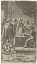 Köpman vid skrivbordet Titelsida för: J. van der Does e.a., Verscheyde voyagien, orte reysen, 1652
