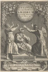 Minerva en twee geketende figurer Titelsida för: A. Thysius, Justinus cum notis selectissimis variorum Berneggerj, Bongarsy, Vossy, Thysy, &c, 1659