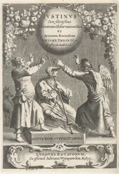Minerva en twee geketende figurer Titelsida voor: A. Thysius, Justinus med de mest utvalda olika observationer och en detaljerad genomgång, 1650