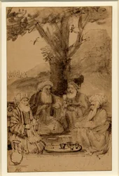 Fyra mullor sittande under ett träd, Rembrandt, ca 1656-61