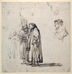 En grupp äldre forskare och, separat, en yngre mans profil (penna och bläck på papper) (recto of 2636120)