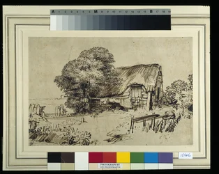 En stuga med halmtak vid ett stort träd, en figur som sitter utanför, ca 1648-52 (penna och bläck på papper)