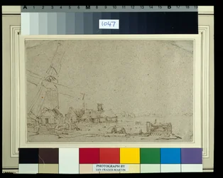 En väderkvarn och en grupp hus, ca 1652-53 (rörpenna & bläck med tvätt på papper)