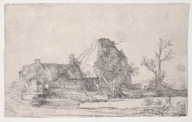 Stuga och gårdsbyggnader med en man som skissar, ca 1645 (etsning)