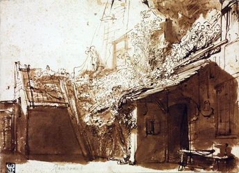 Bondgård i ljus och skugga - Rembrandt van Rhijn (1606-1669) - 1635-1636 - Penna, pensel, brun färg på papper - 16,2x22,5 cm - Szépművészeti Múzeum, Budapest