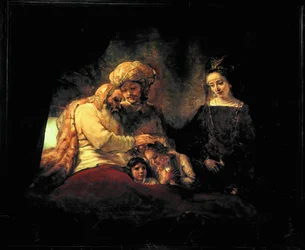 Jacob välsignar sina barnbarn Ephraim och Menassein närvaro av deras föräldrar Joseph och Anasth (målning på duk)