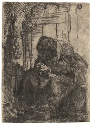 Gammal kvinna sittande i en stuga med ett lökband på väggen, ca 1629 (etsning)