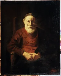 Porträtt av en gammal man i rött. Målning av Harmenszoon van Rijn känd som Rembrandt (1606-1669)