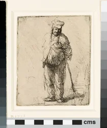 Trasig bonde med händerna bakom sig, håller en pinne, ca 1630 (etsning)