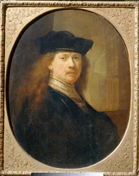 Rembrandt iförd kockmössa mot en arkitektonisk bakgrund ...