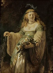 Saskia van Uylenborgh, konstnärens första hustru, i arkadisk dräkt (olja på duk)