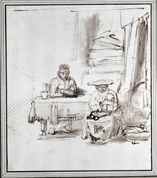 Den heliga familjen. Teckning med penna och bläck (teckning)