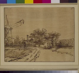 Väderkvarnen på bålverket i Sint Anthonispoort, Amsterdam, ca 1650 (penna och bläck på papper)