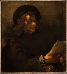 Titus van Rijn, målarens son, läser (olja på duk)