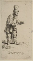 En bonde med hög mössa, stående lutad på en pinne, 1639.
