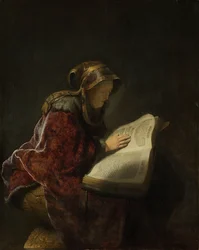 En gammal kvinna som läser, troligen profetissan Hanna, 1631