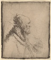 Skallig gammal man med kort skägg i profil, ca. 1635.