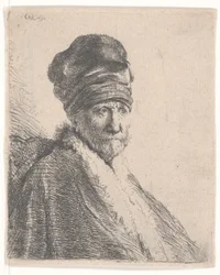 Skäggig man i en pälsförsedd orientalisk keps och mantel, med hög keps, 1630