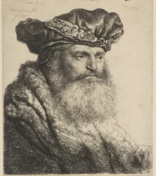 Skäggig man i sammetsmössa med juvellås, 1637.