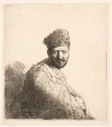 Skäggig man (Rembrandts far) i orientalisk mössa och mantel med pälskant: halvfigur