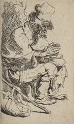 Tiggare sitter och värmer sina händer vid en skavskål, ca. 1630., ca. 1630.