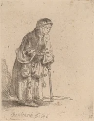Tiggarkvinna lutad på en pinne, 1646.