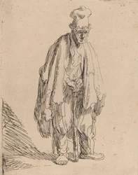 Tiggare med hög mössa, stående och lutad på en pinne, ca. 1630.