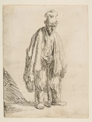 Tiggare i hög mössa, stående och lutad på en pinne, ca. 1629.