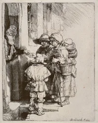 Tiggare som tar emot allmosor vid dörren till ett hus, 1648 (torrnålsgravyr)