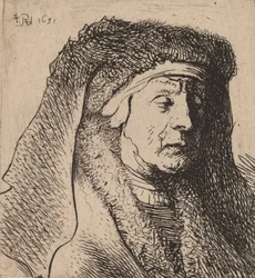 Byst av en gammal kvinna i en pälsförsedd mantel och kraftig huvudbonad, 1631.