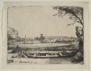 Kanal med en stor båt och en bro, 1650.