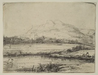 Kanal med en fiskare och två svanar, 1650