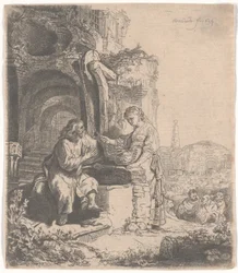 Kristus och kvinnan i Samaria bland ruiner, 1634