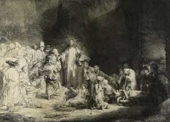 Kristus helar den sjuke: "Hundra gyldertrycket", ca 1649 (etsning, torrnål och gravyr)