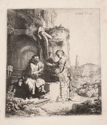 Kristus och den samariska kvinnan bland ruinerna (vertikal illustration)