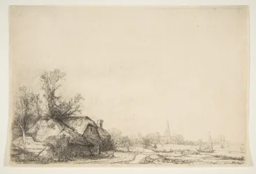 Stuga bredvid en kanal med utsikt över Ouderkerk, ca. 1641.